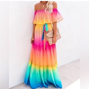 NWOT Rainbow skies off the shoulder tiered maxi dress